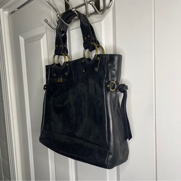 Vintage Kenneth Cole Reaction Black Leather Bag Brass Hardware Purse Tote Retro - Picture 4 of 14